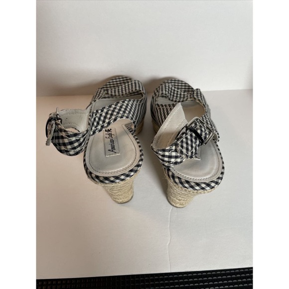American Eagle Black Gingham Slingback Buckle Wedge Espadrilles Sandal Size 9 - Picture 9 of 14